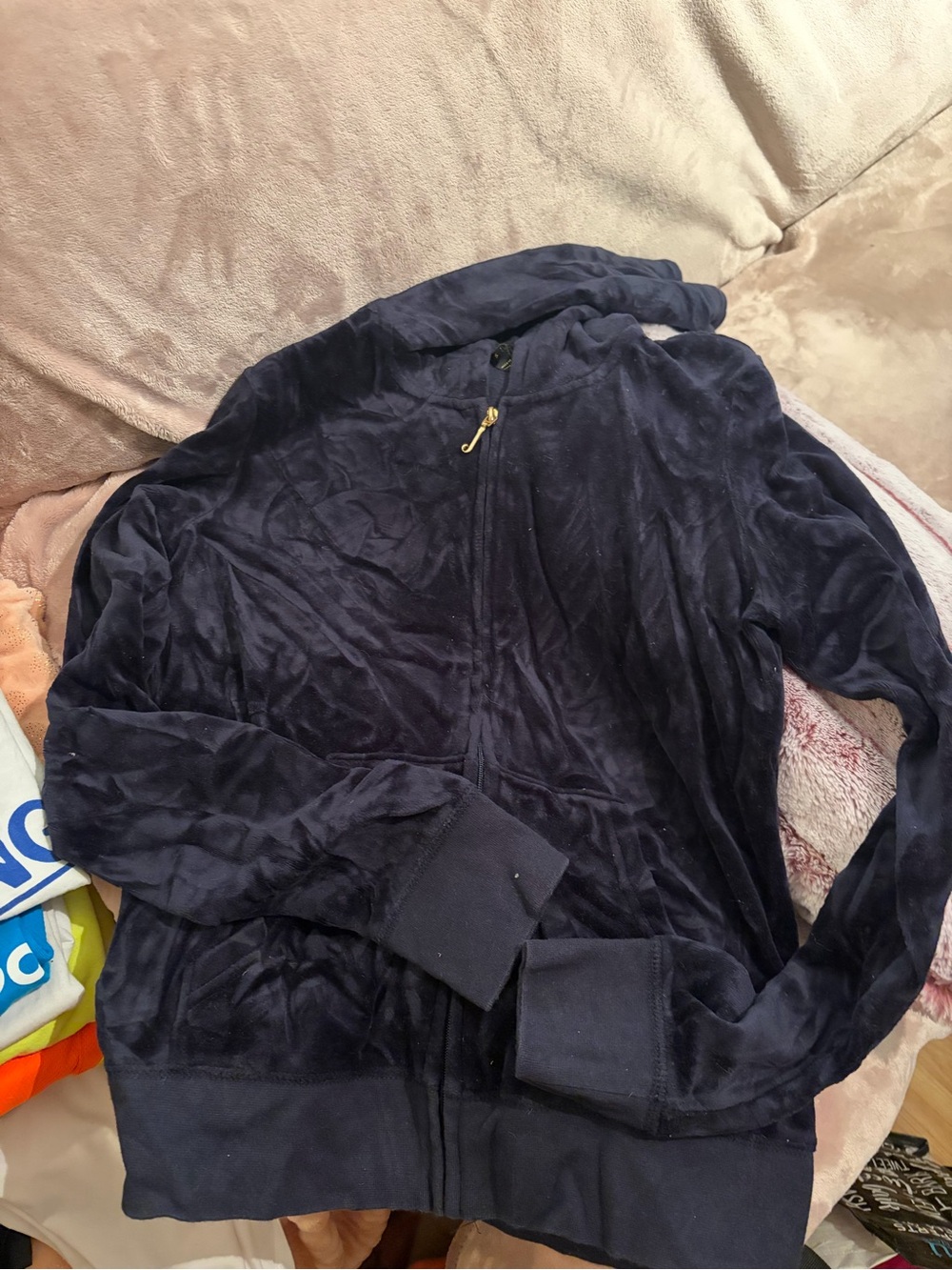 Juicy Couture Navy Velour Zip-Up Bomber Jacket